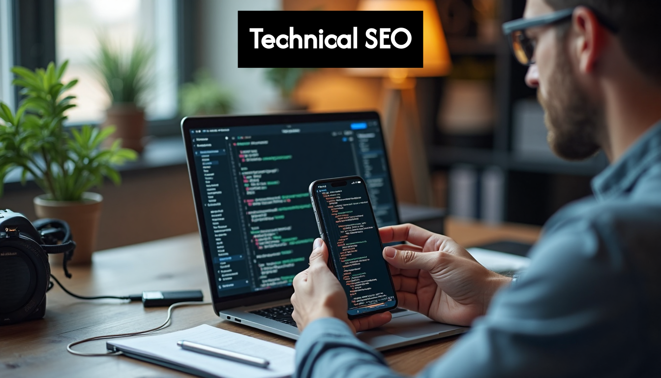Developer optimizing website technical SEO and mobile design