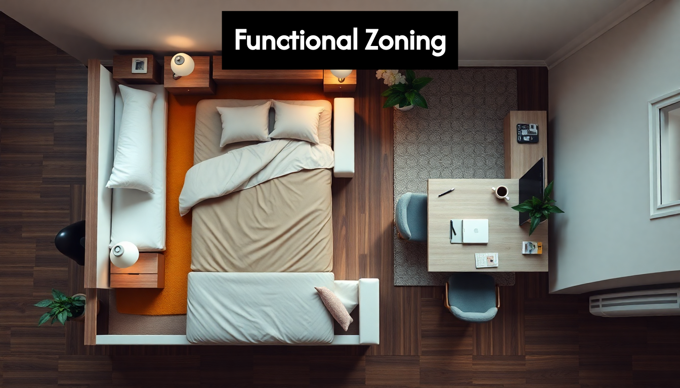 Diagram showing sleeping, dressing, and work zones in a bedroom.