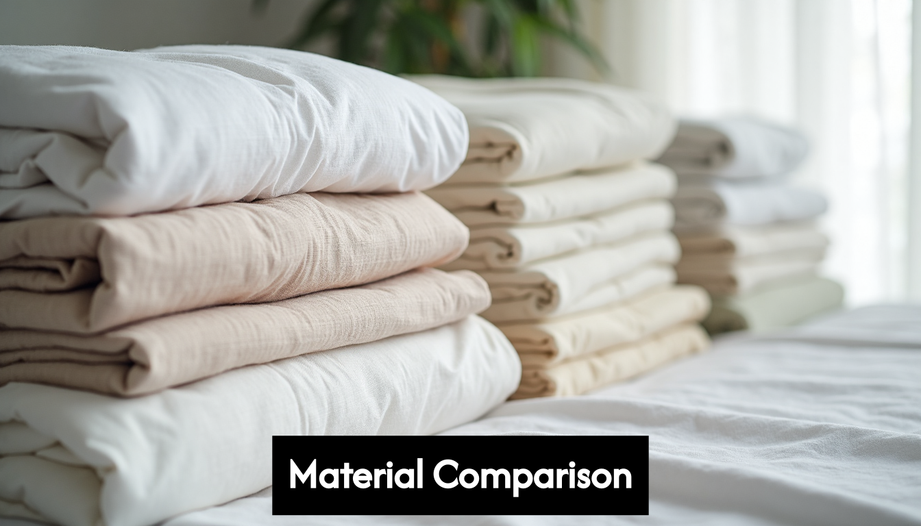 Different bedding materials folded on a bed