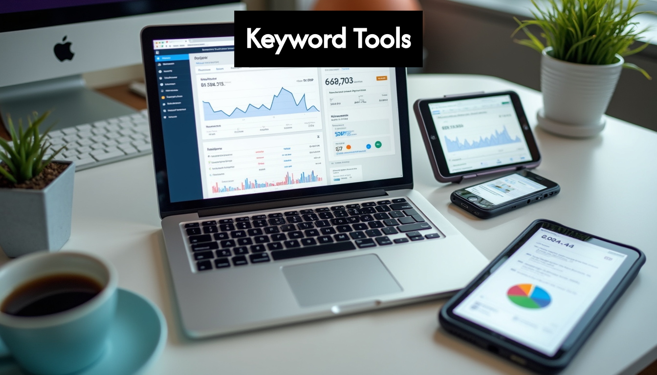 Different devices showing keyword research tool interfaces.