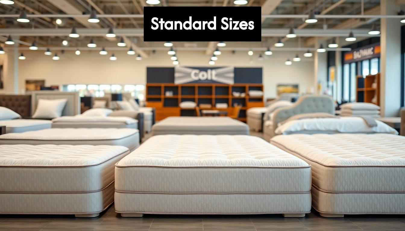 Different mattress sizes on display in showroom