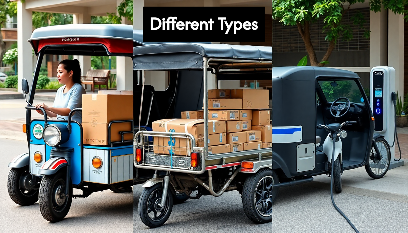 Different types of tuk tuks side-by-side.