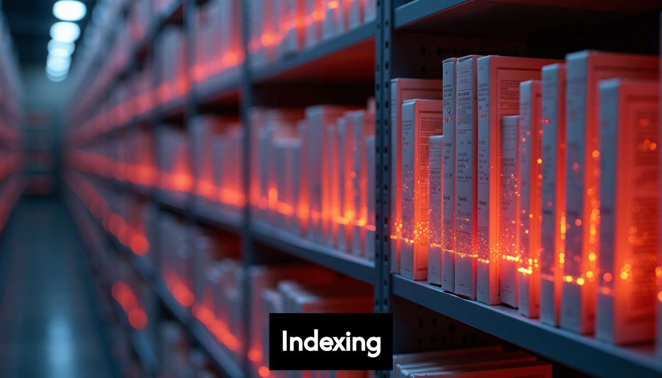 Digital library shelves organizing information.