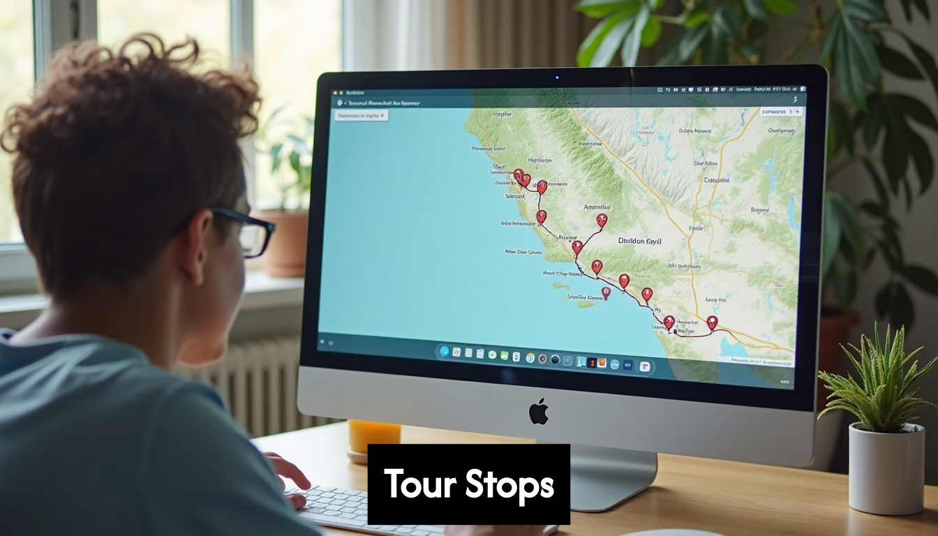 Digital map showing tour stops and route.