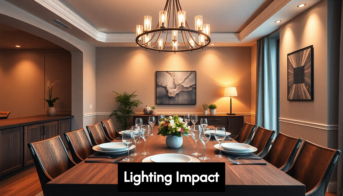 Dining room with chandelier and warm lighting