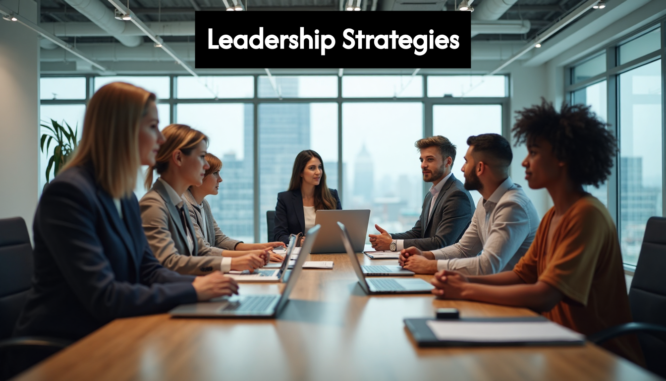 Diverse business team discussing leadership in modern office