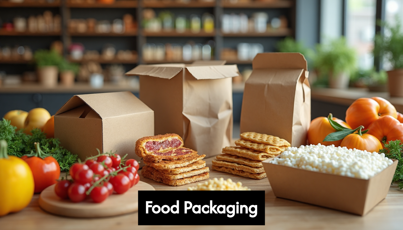 Diverse food packaging, both traditional and sustainable.