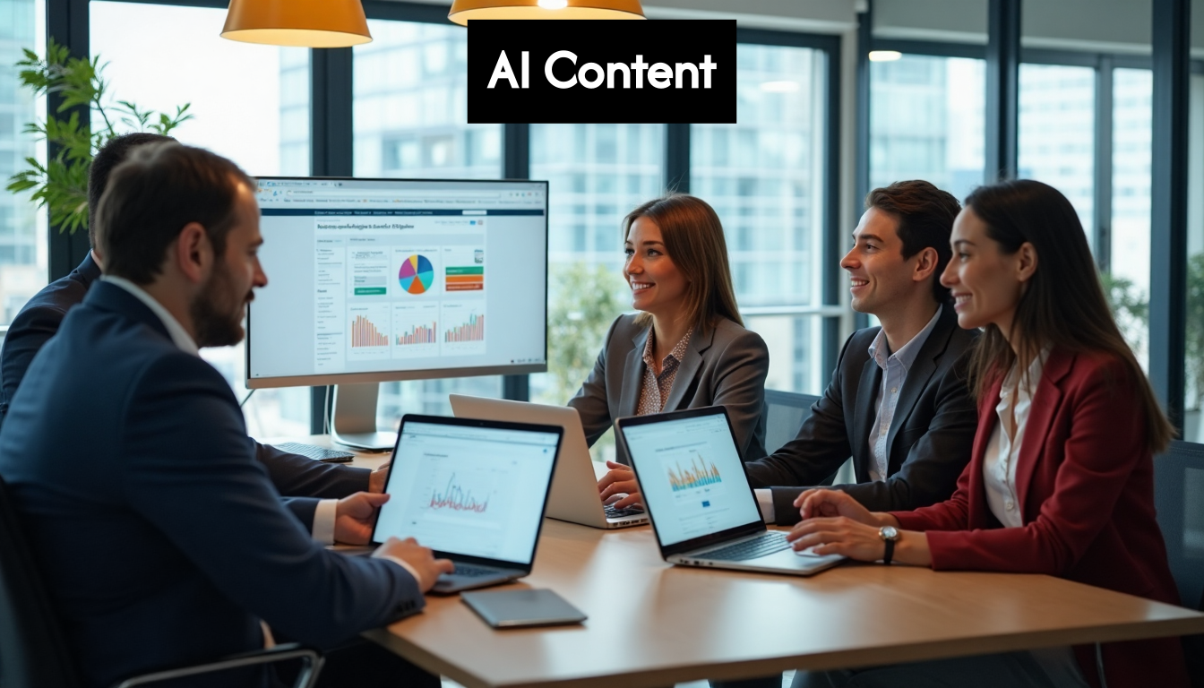 Diverse marketing team collaborating on SEO strategy in modern office