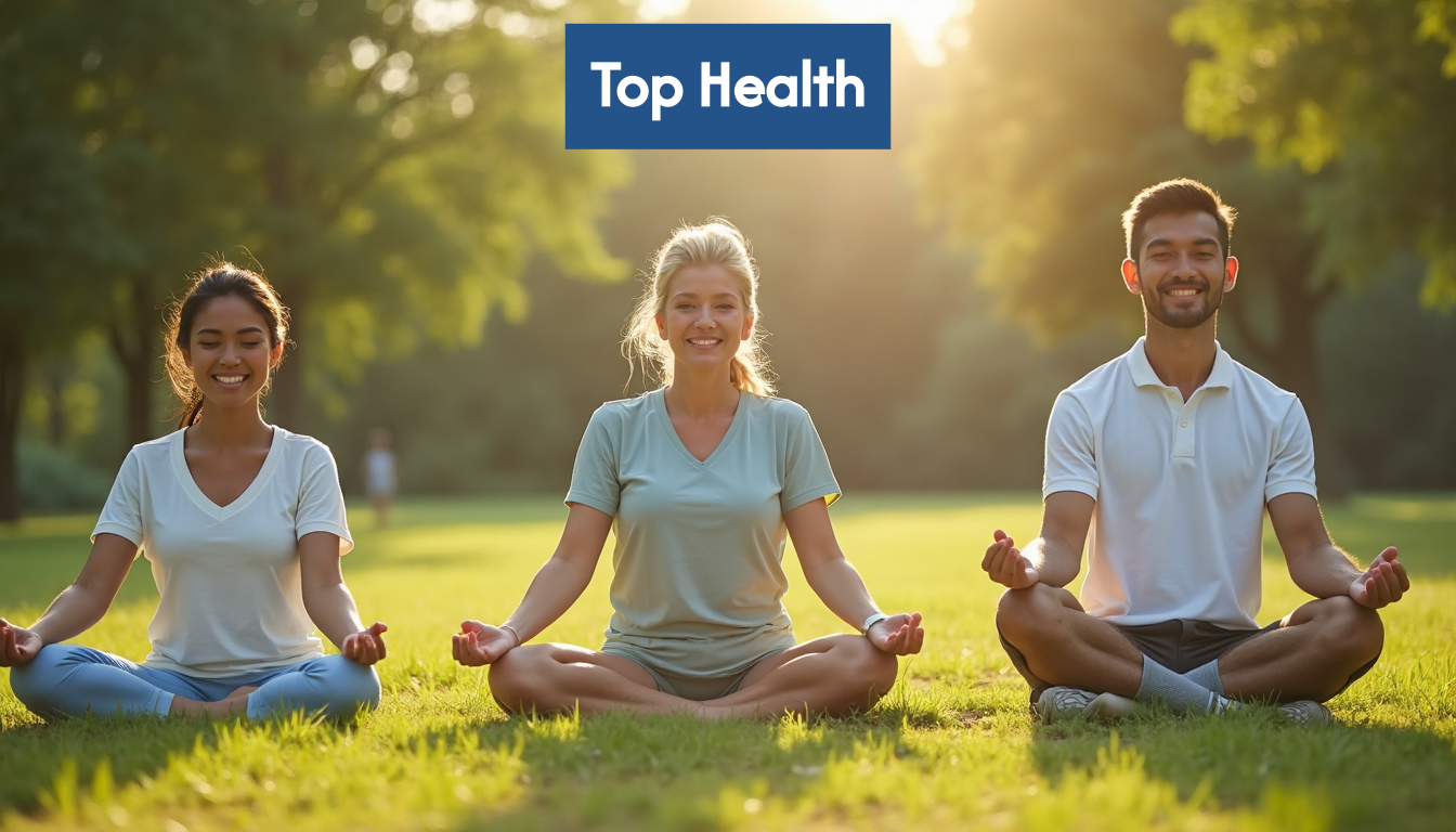 Diverse people meditating, cooking, and walking outdoors.