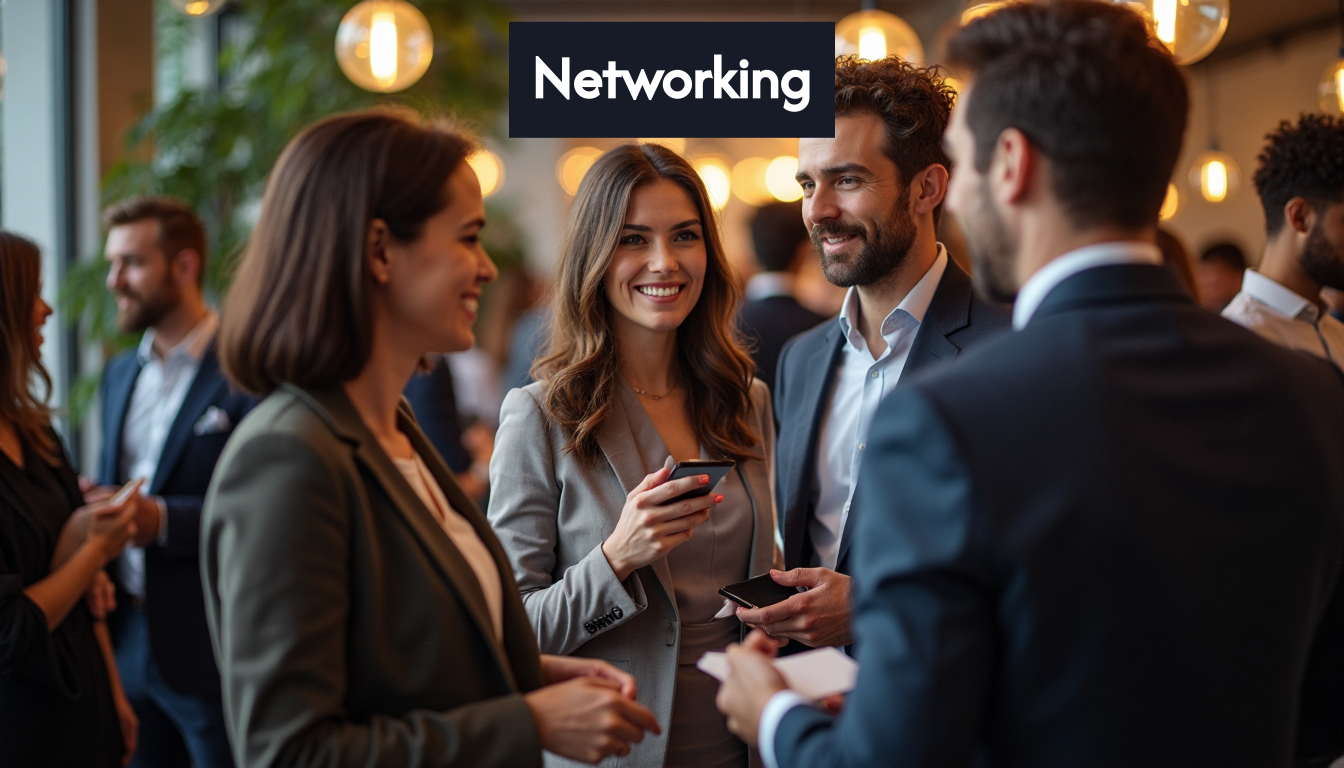 Diverse professionals networking at an event.
