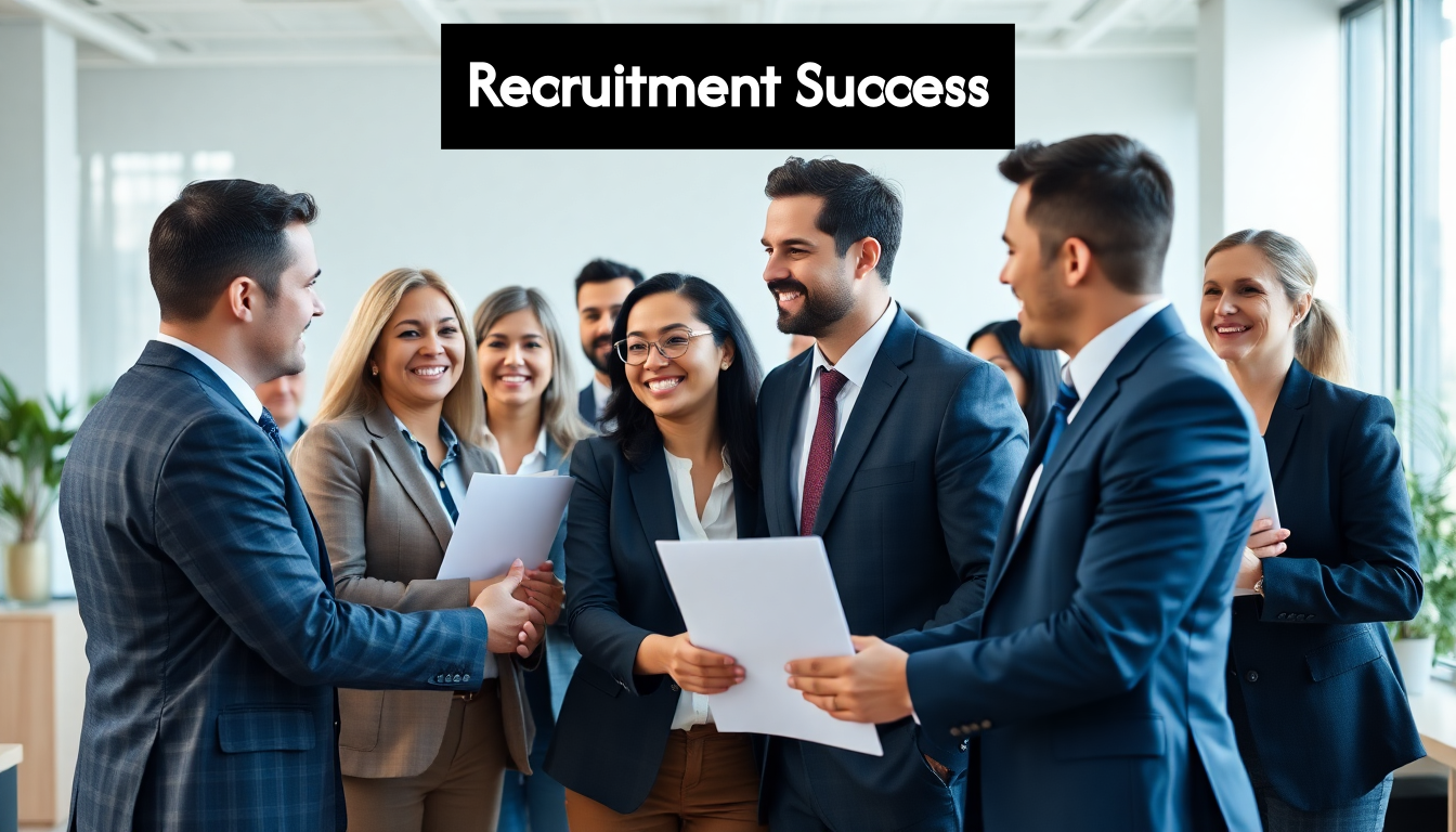 Diverse professionals shaking hands in a modern office