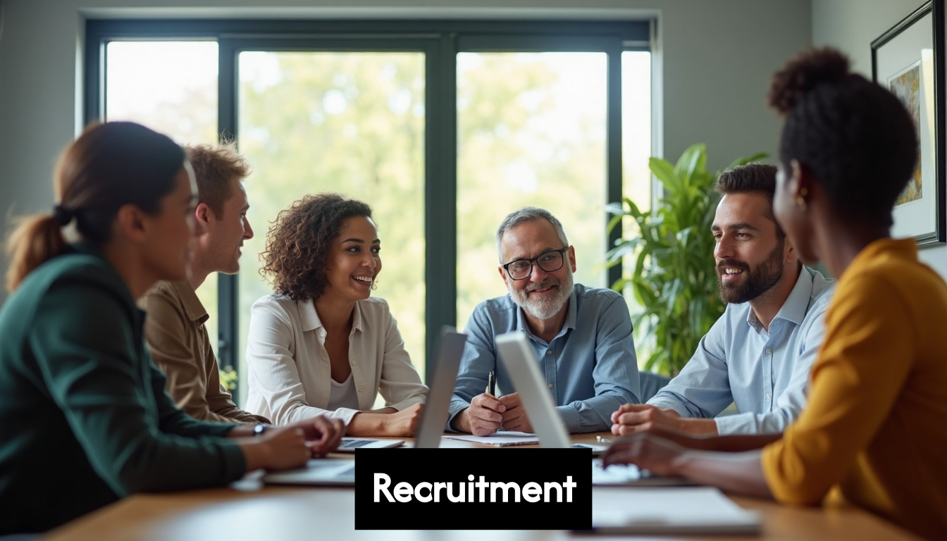 Diverse team collaborating in modern office.