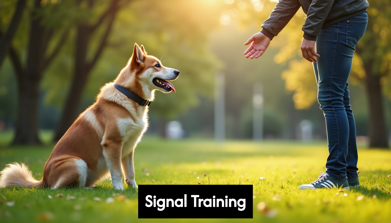 Dog and owner training in the park with hand signals