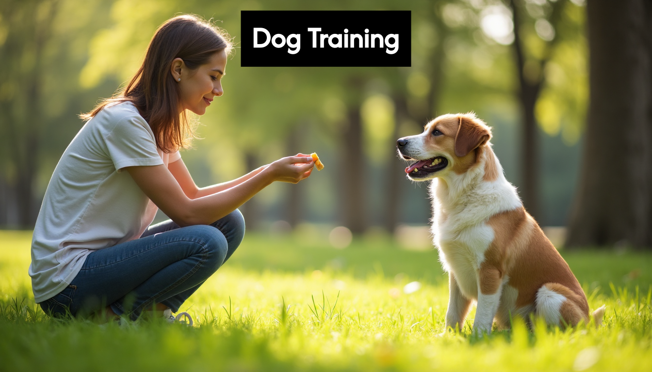Dog owner training happy dog in park
