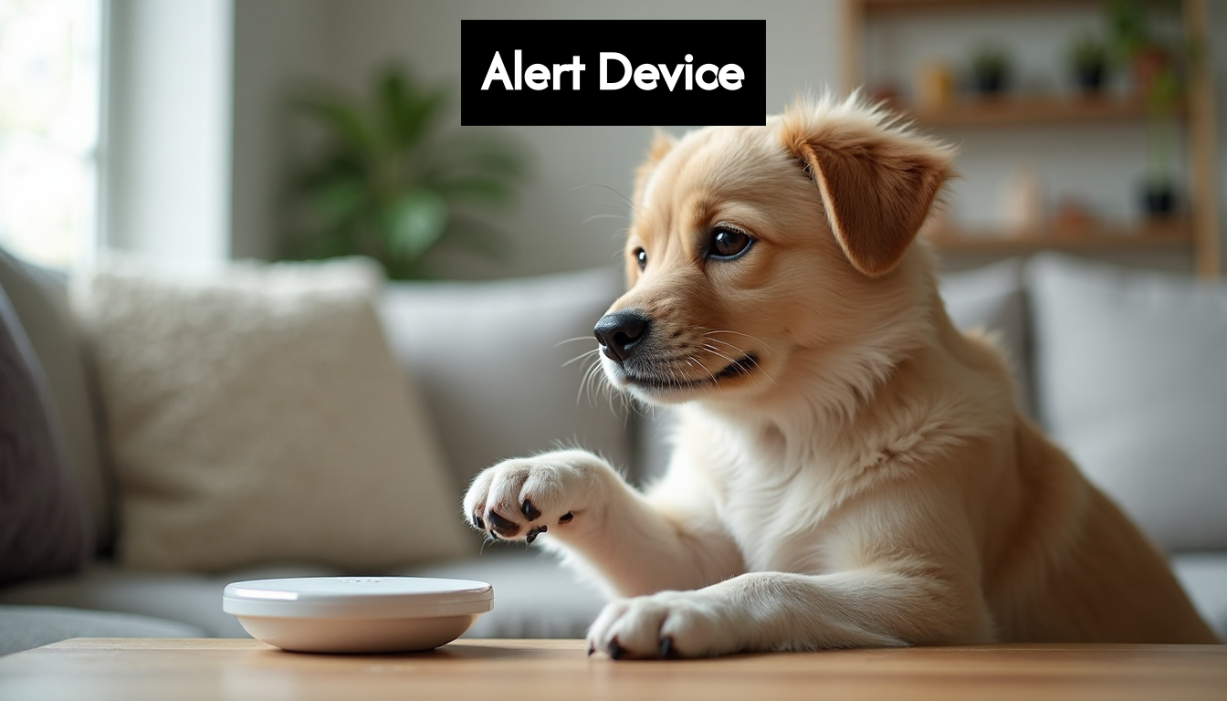 Dog using a button alert device in living room