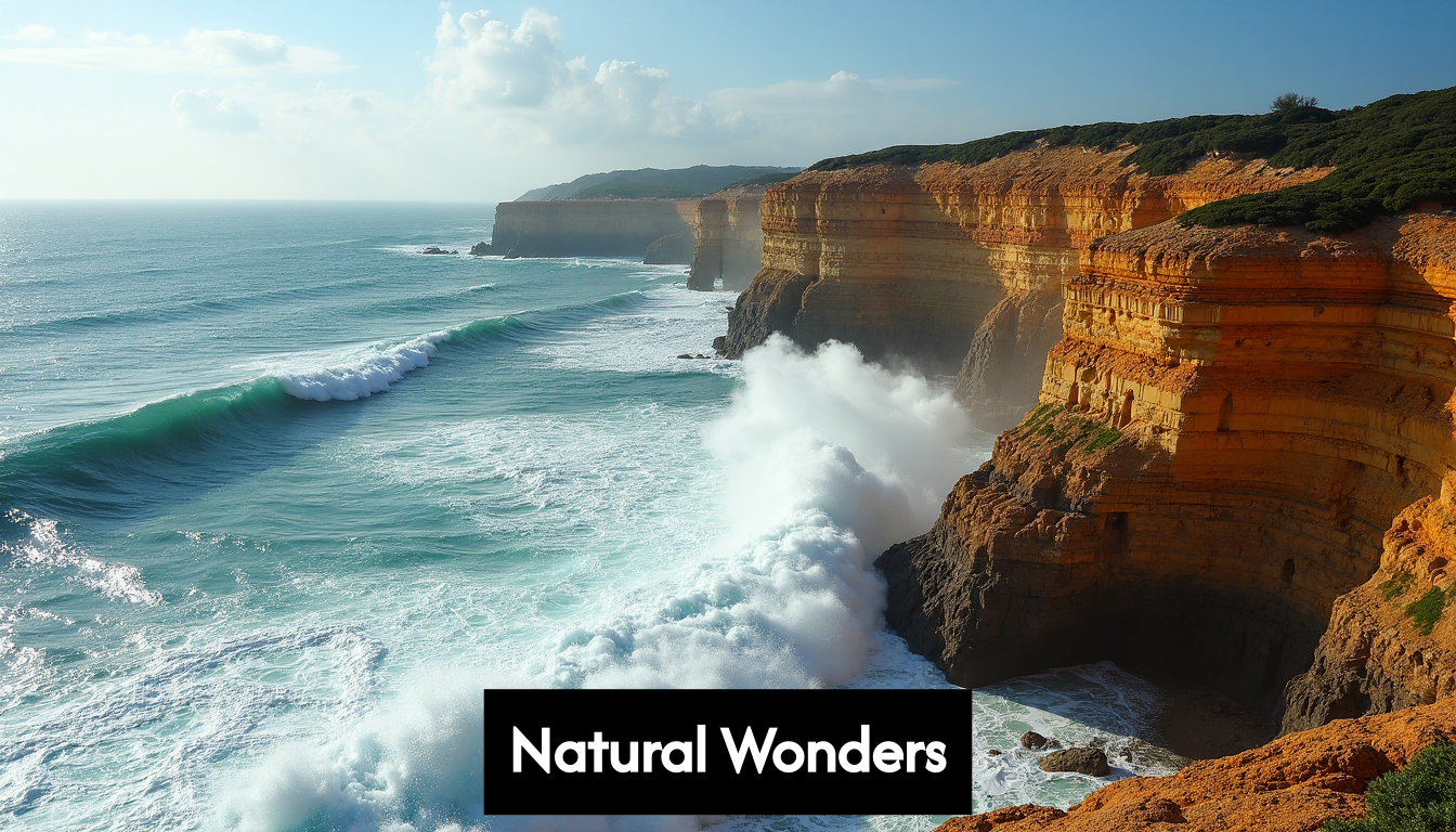 Dramatic waves crashing against dark, rocky cliff formation.