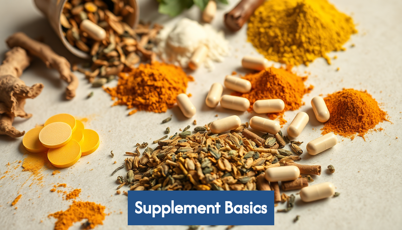 Dried herbs and supplement capsules close up