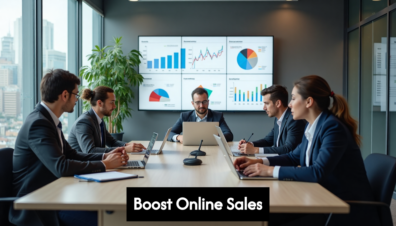 E-commerce team reviewing performance in office