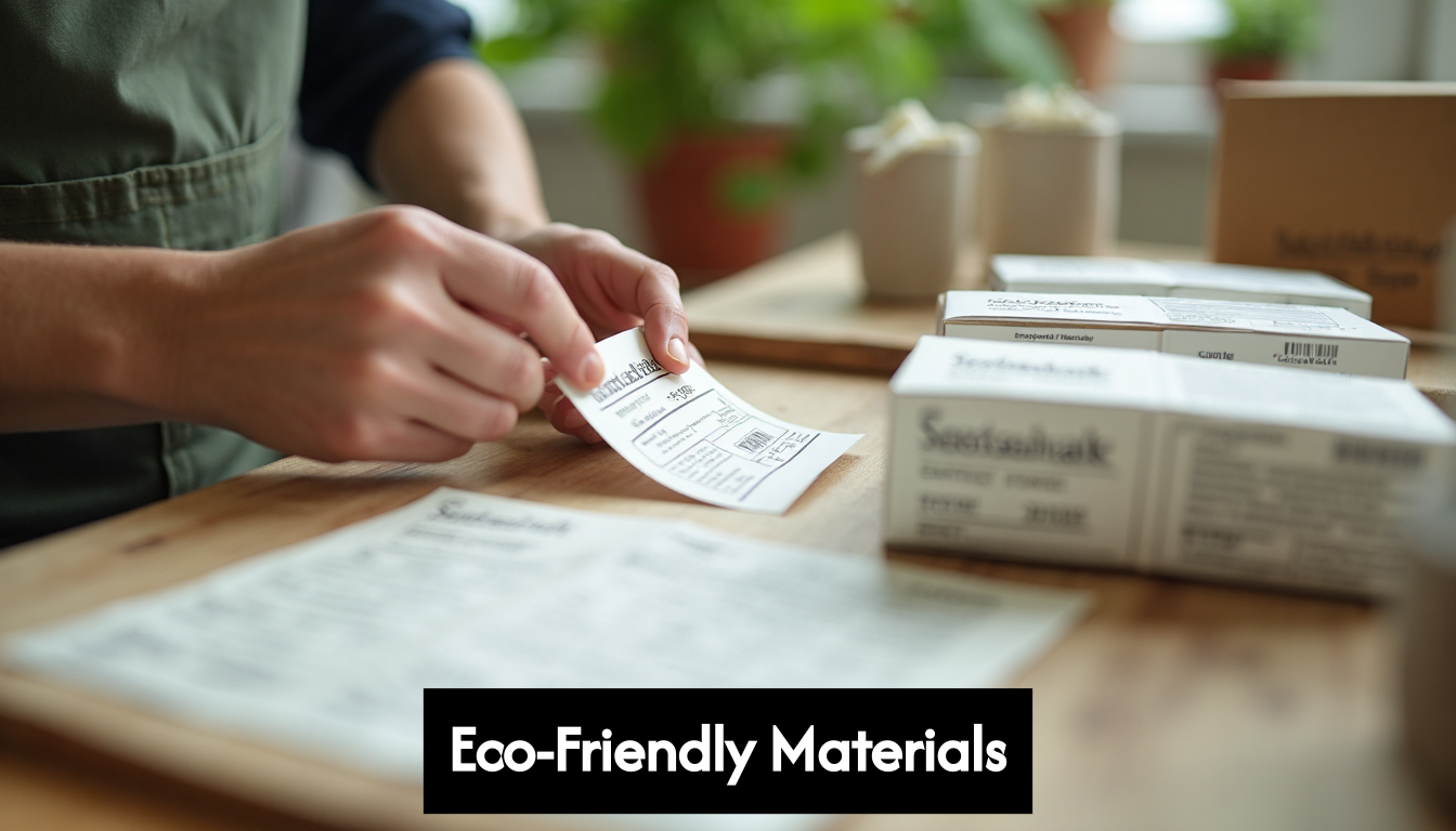 Eco-friendly label materials in packaging workspace