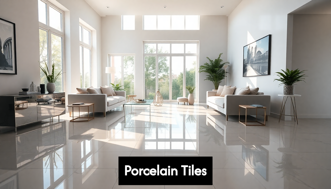 Elegant living room with porcelain tiles
