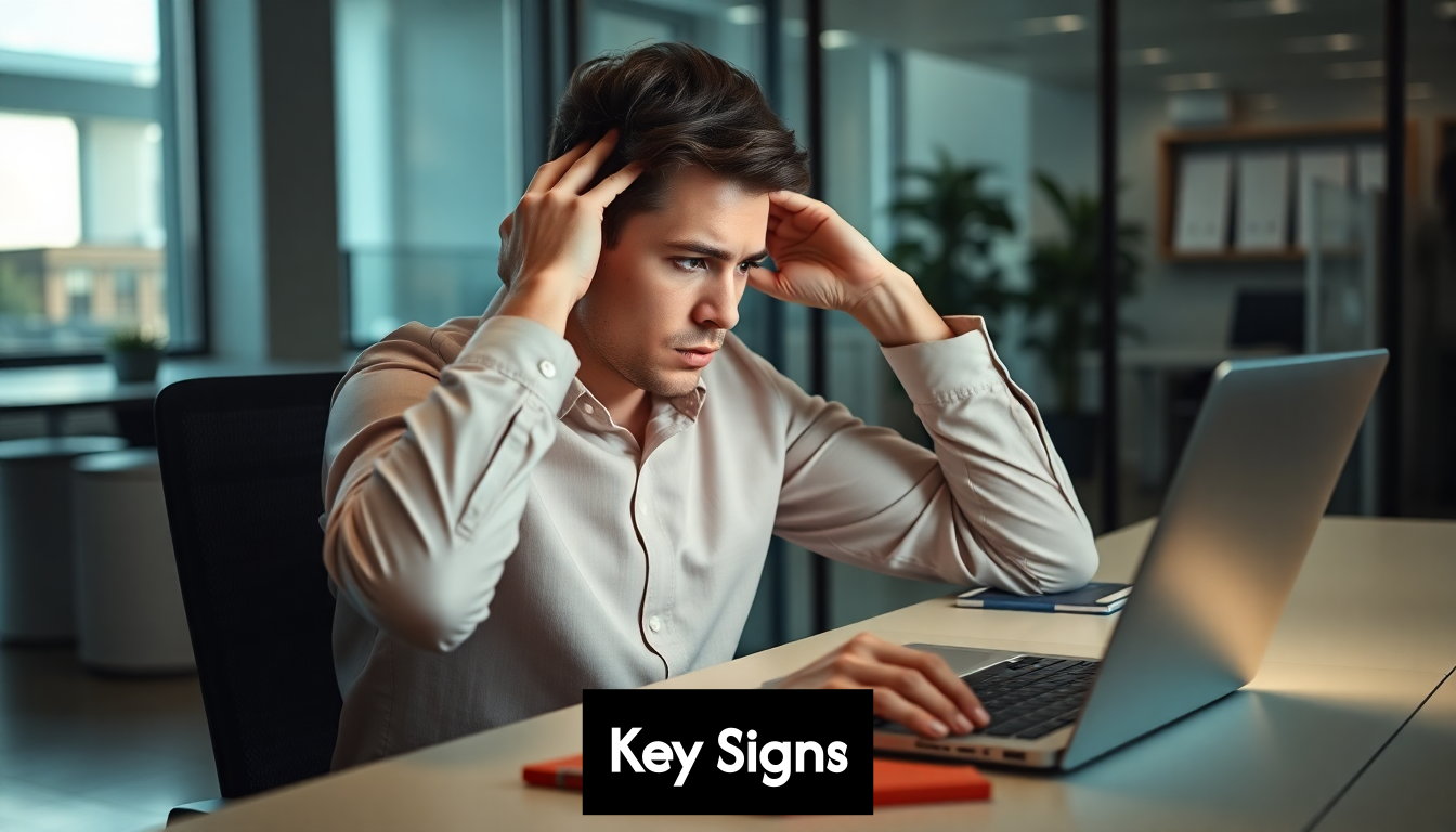 Employee looks stressed while working on laptop.