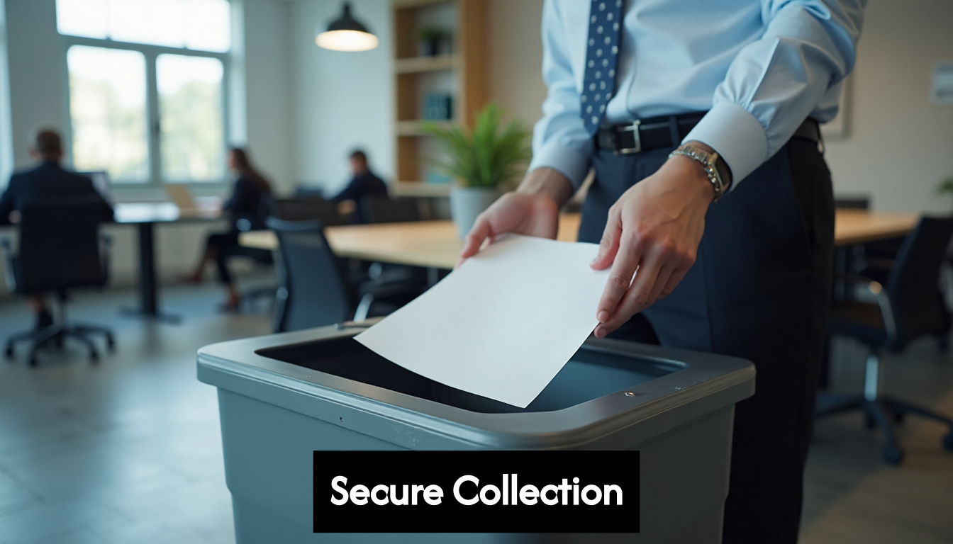 Employee using secure office shred bin