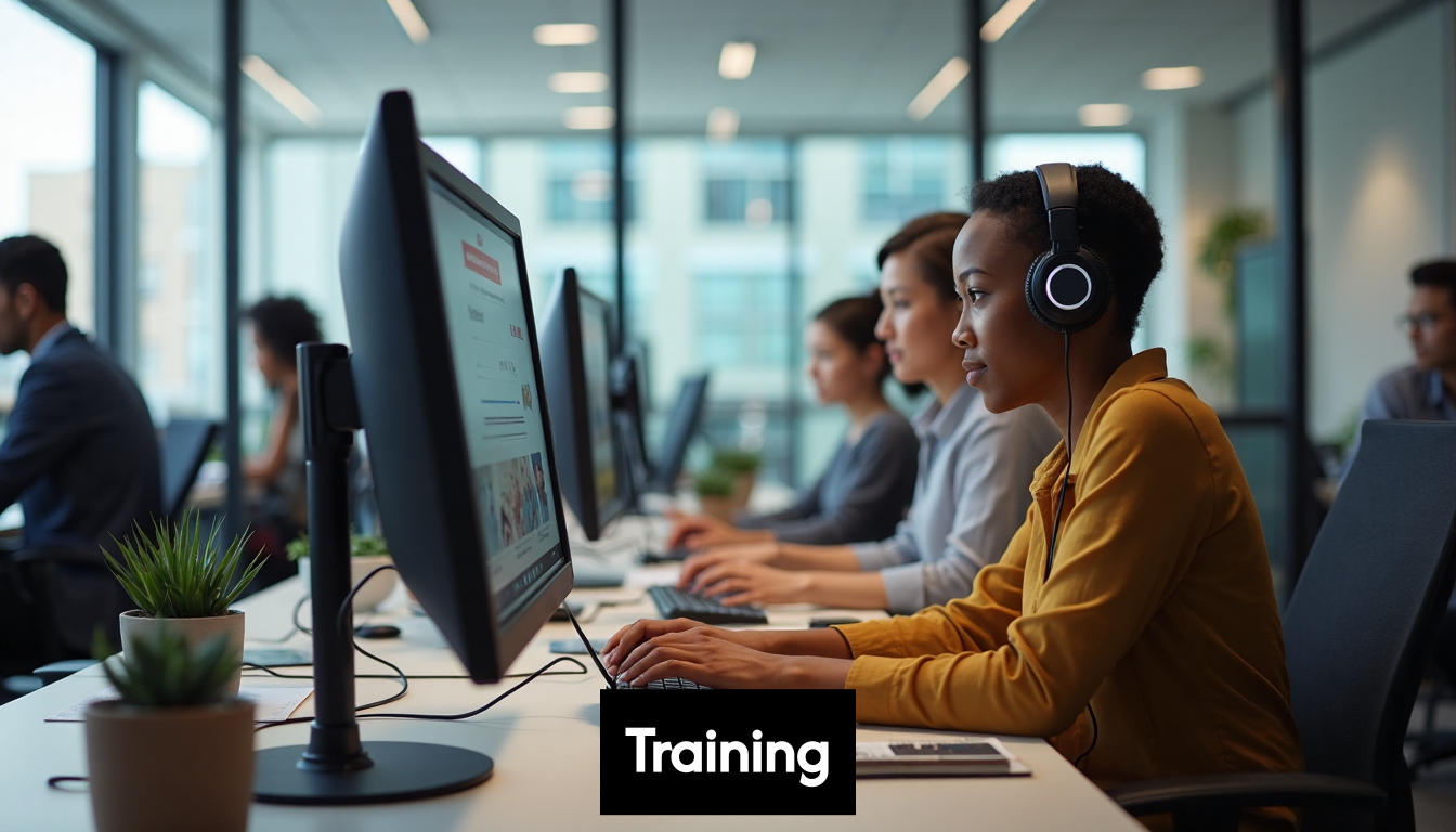 Employees learning on computers in a modern office.
