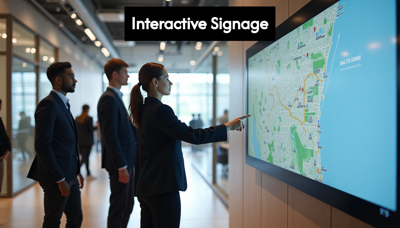 Employees using digital wayfinding display in office