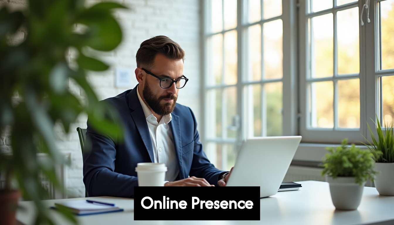 Entrepreneur at laptop in modern office setting
