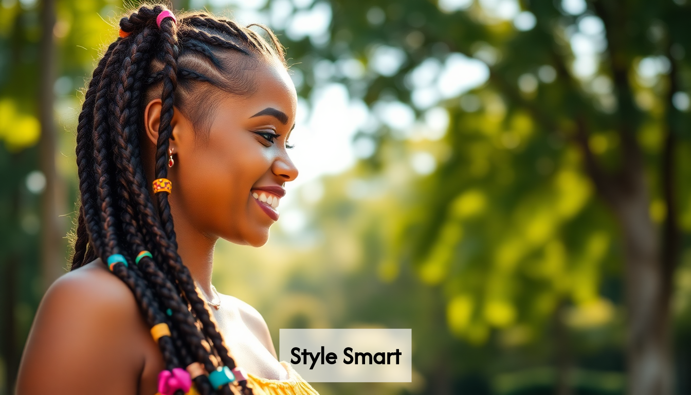 Beautiful braided hairstyle displayed outdoors.