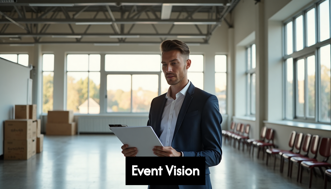 Event planner checking requirements at venue