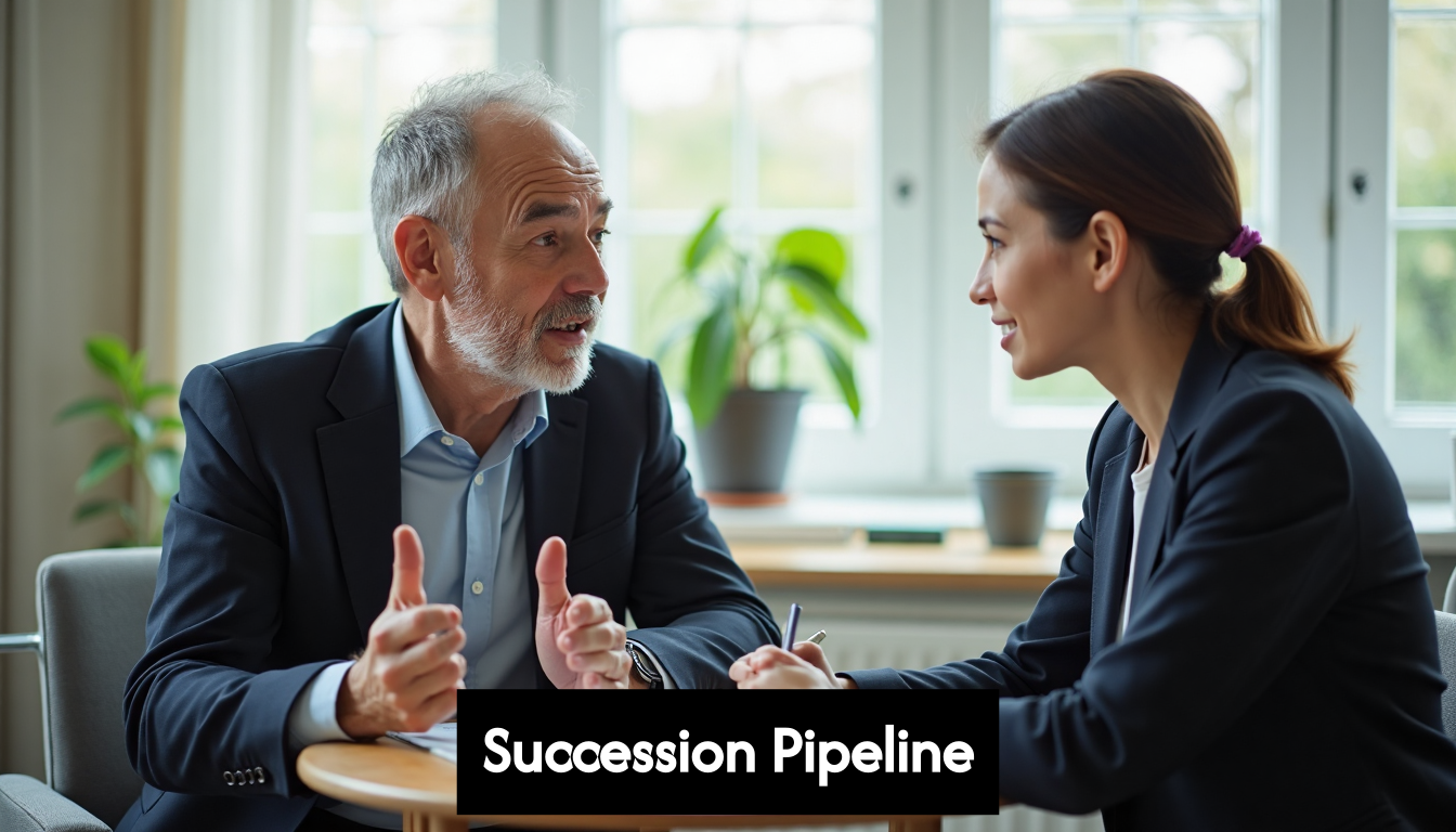 Executive mentoring high-potential employee in office