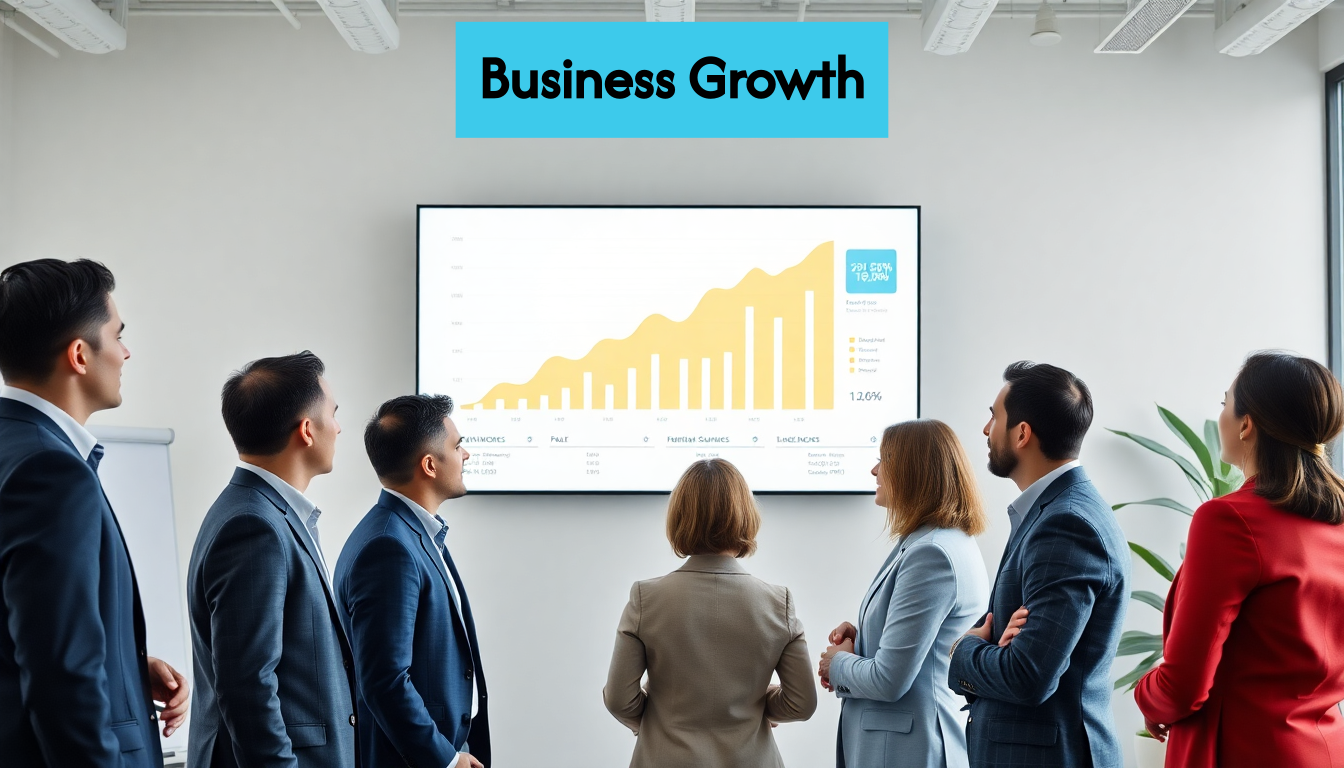 Ejecutivos analizando datos de crecimiento empresarial en la oficina
