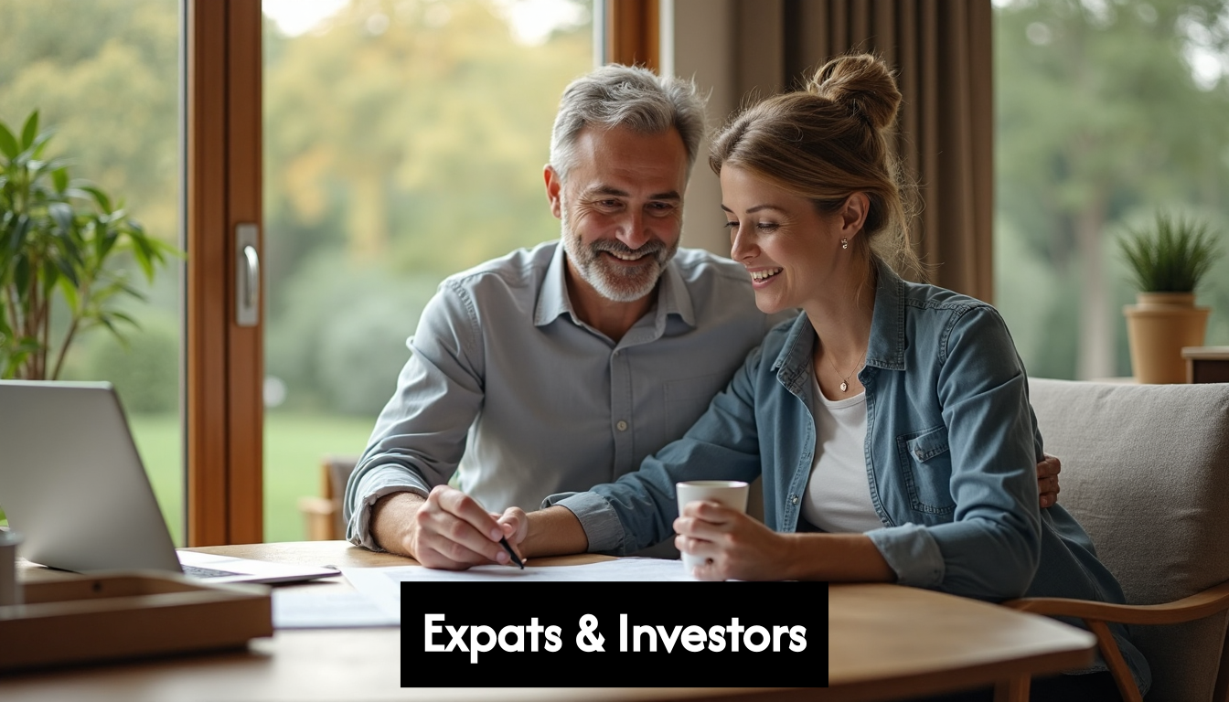 Expat couple reviewing real estate documents at home