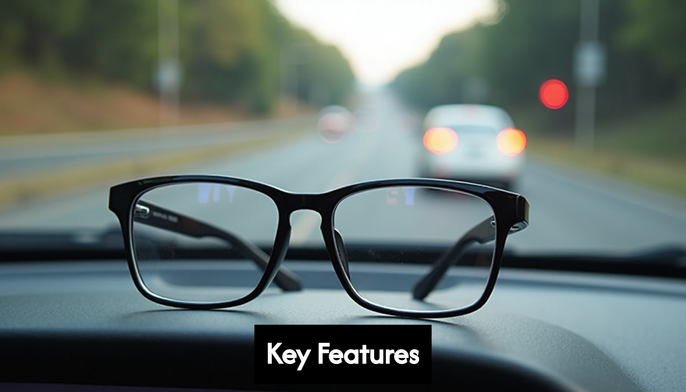 Eyeglasses on car dashboard with blurred road.