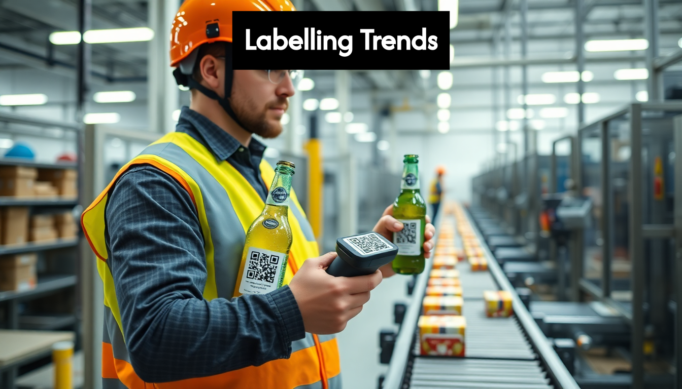 Factory worker scans beverage QR code on production line