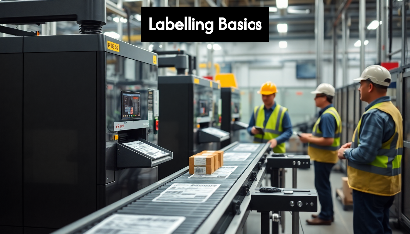 Factory workers using label printer on production line