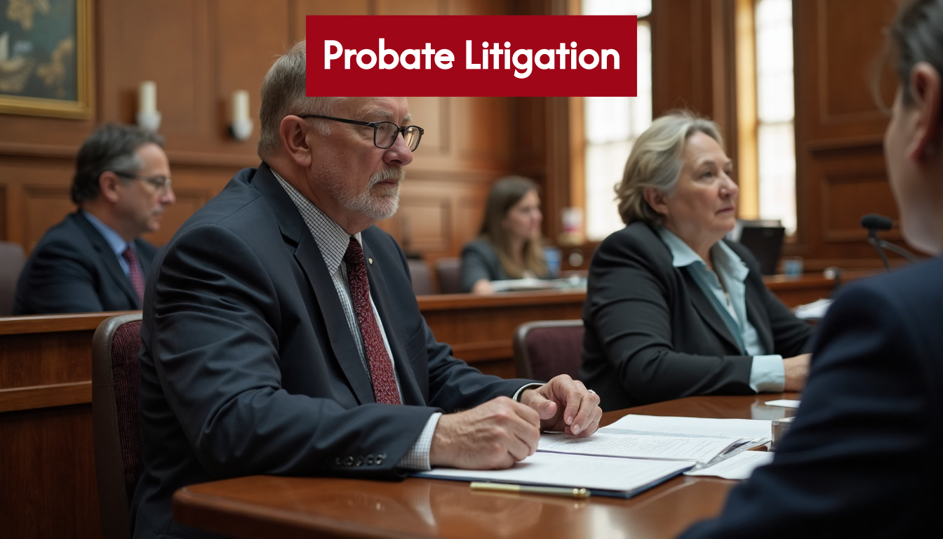Family and lawyers in California probate courtroom