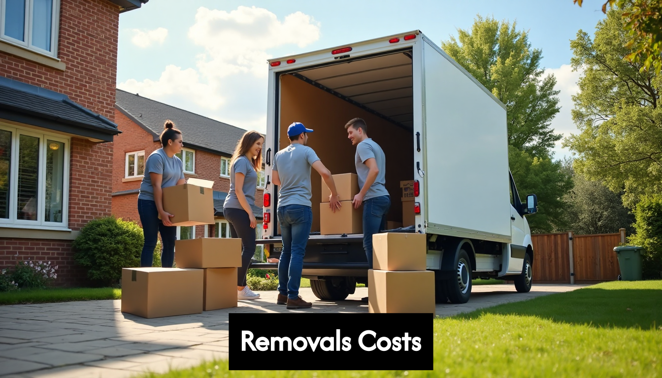 Family and movers loading moving van outside house