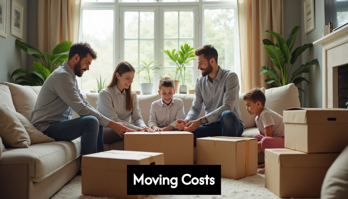 Family and movers packing boxes for home move