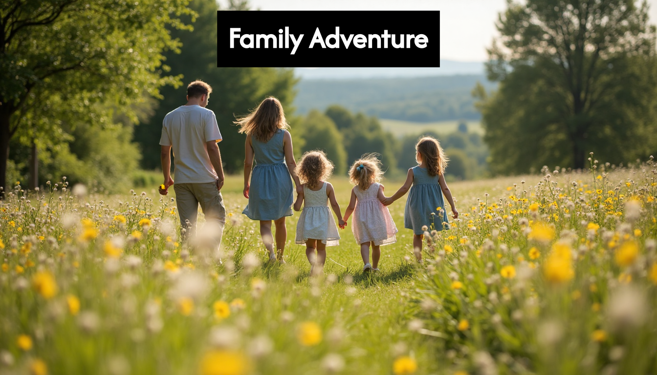 Family exploring countryside wildflower meadow