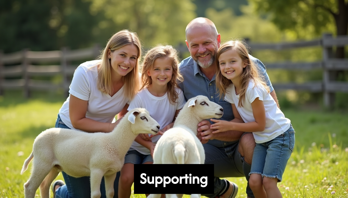 Family feeding farm animals together on a farm.