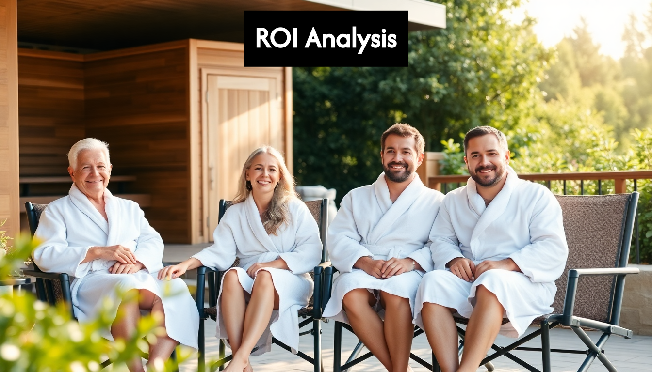 Family in bathrobes relaxing by outdoor home sauna