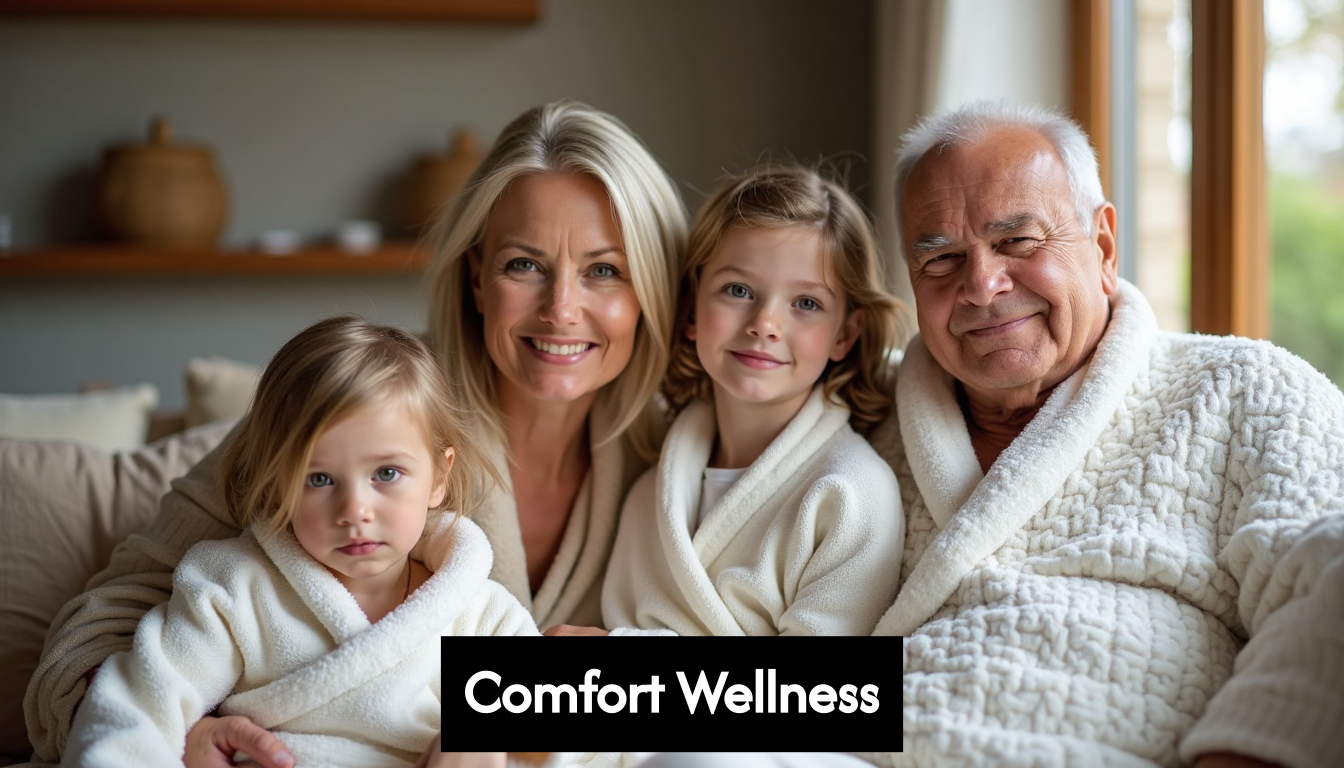 Family in waffle robes enjoying comfort
