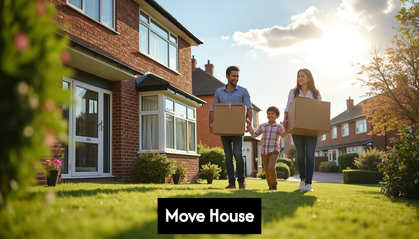 Family moving boxes into UK house