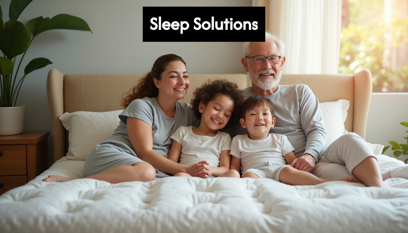 Family of all ages on comfortable bed in bedroom