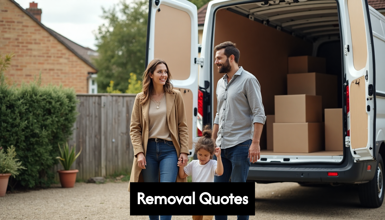 Family packing moving van outside UK home