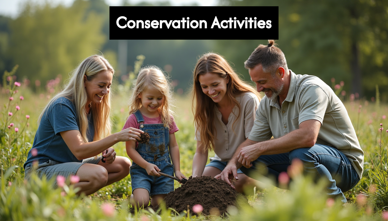 Family planting trees during conservation activity
