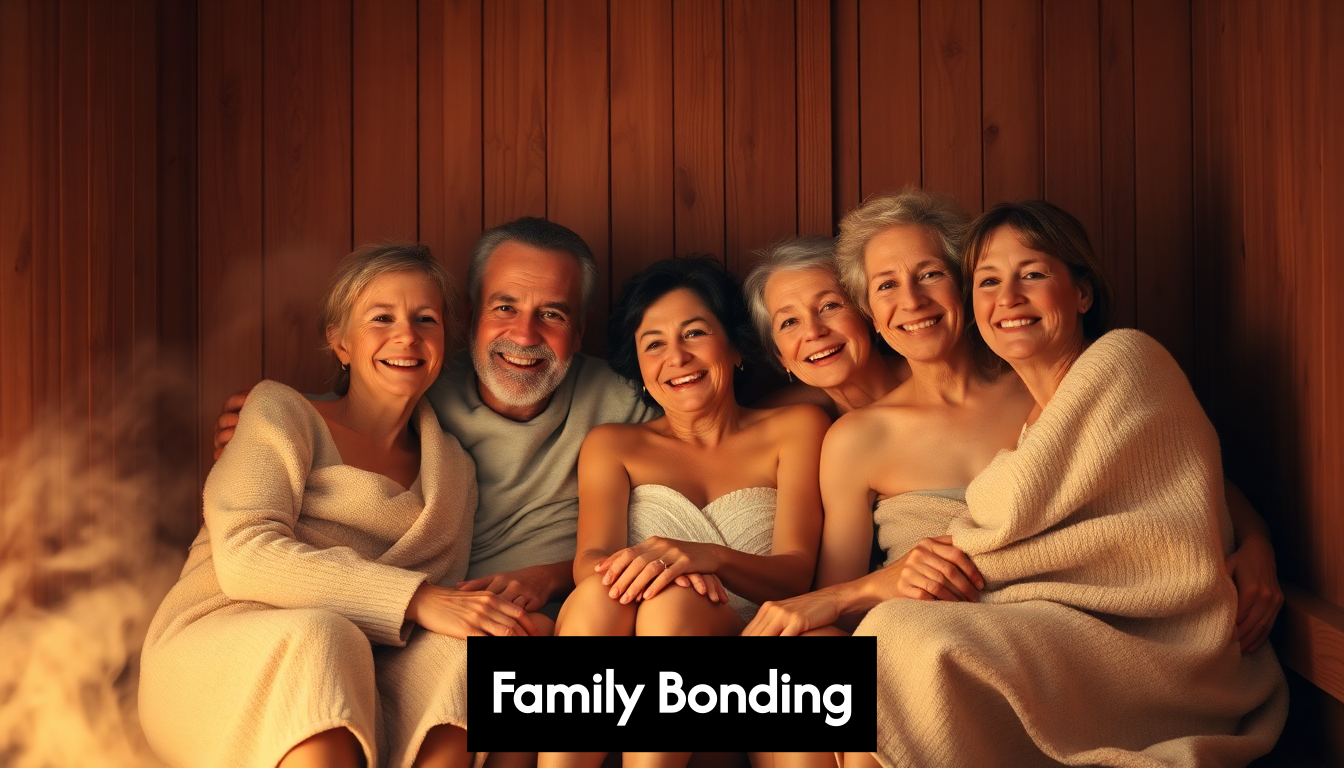 family relaxing together inside a sauna