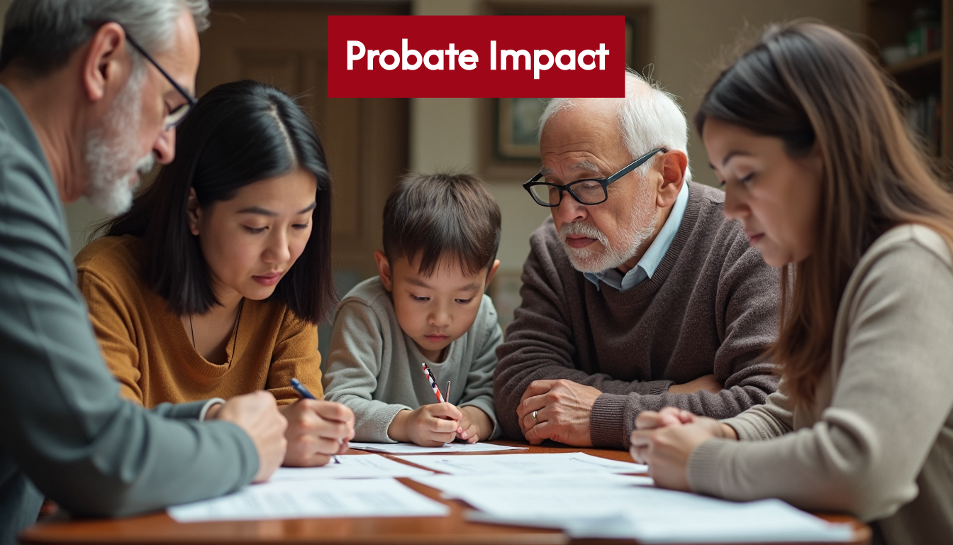 Family reviewing documents and discussing probate